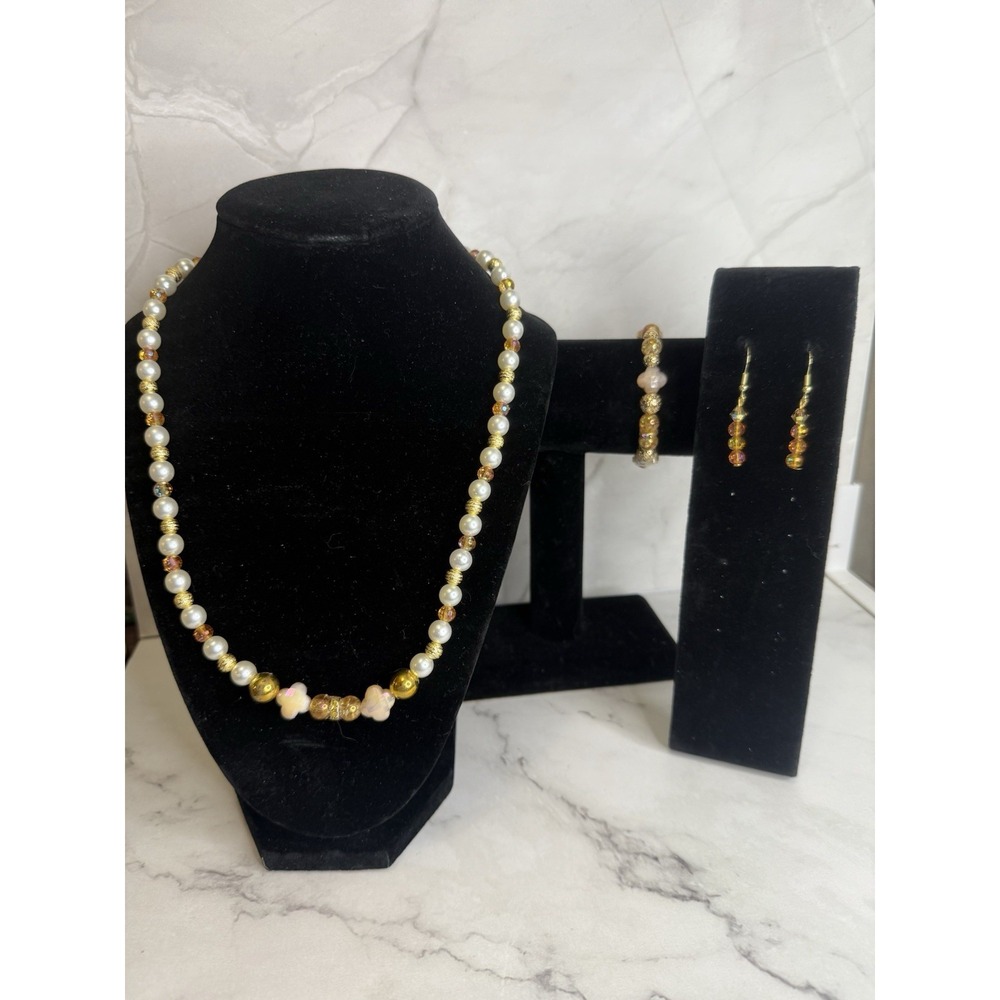 pearl, peach & gold beaded jewelry set handmade necklace, bracelet and earrings